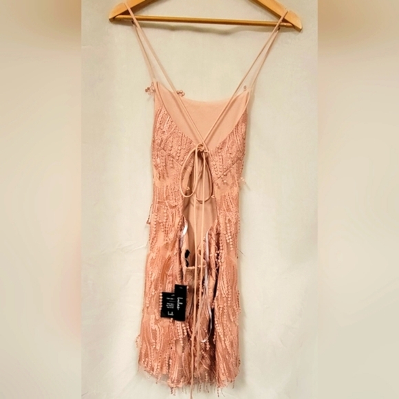 Lulus Making Magic Fringe Lace-Up Blush Pink Prom cocktail Mini Dress Size L - Picture 6 of 11
